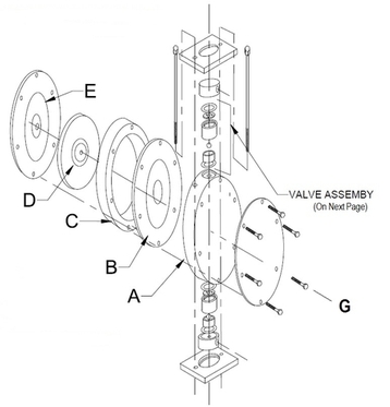 Exploded valve assembly on a Madden chemical diaphragm pump